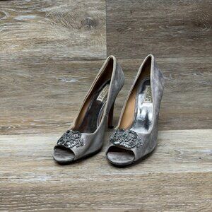 Badgley Mischka Susan Embellished Gray Silver Satin Heels Women's Size 8